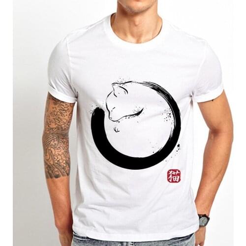 Traditional Chinese painting style watercolor ink cute cat funny t shirt men summer new white casual homme kitten unisex tshirt