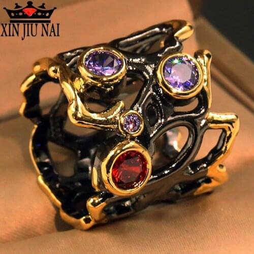 New Bohemian Style New Design Retro Natural Amethyst Ruby Hollow Gold Trunk Fashion Women Diamond Ring Women Luxury Jewelry