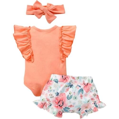 Baby Girls Clothes Set Letter Print Flying Sleeve O-neck Romper Floral Print Shorts with Ruffles Headband Babys Sets
