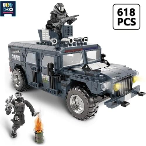 UKBOO 618PCS City SWAT Army Soldier Truck Military Model Building Blocks Saber-Toothed Tiger Armored Vehicle Weapon Car Toys Kid