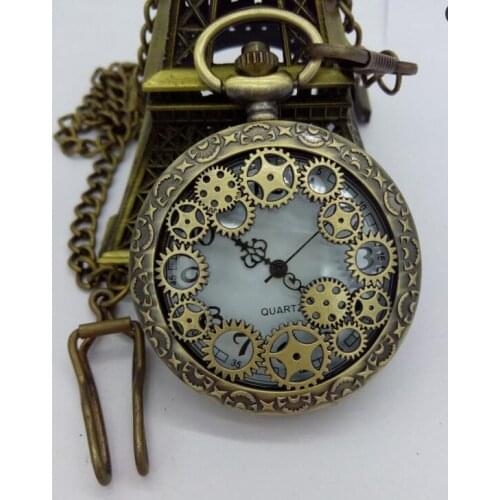 Antique Copper Steampunk Vintage Hollow Bronze Gear Hollow Quartz Pocket Watch FOB Clock Chain Mens and woman2017