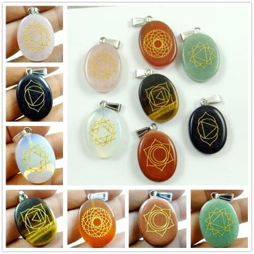 Natural Stone Quartz Crystal Tiger Eye Aventurine Carved oval Pendant charm For DIY Jewelry Making Necklace Accessories