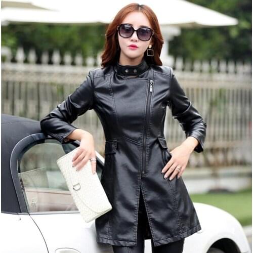 Womens Large Size New Spring Womens Leather Jacket Womens Long Womens Jacket Slim PU Leather Coat Trench Coat Black Office