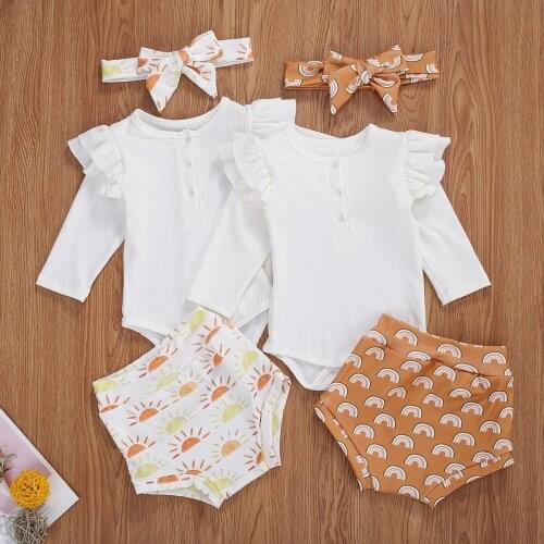 Autumn Baby Girls 3Pcs Outfit Set Long Sleeve Ruffle Romper+Triangle Short Elastic Shorts+Bow Hair Band Set