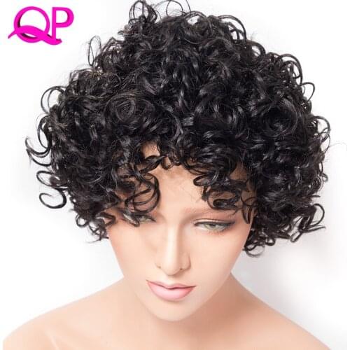 Qp Hair 6 inch Short Synthetic Kinky Curly Wig Adjustable Black Hair For African Women Wigs