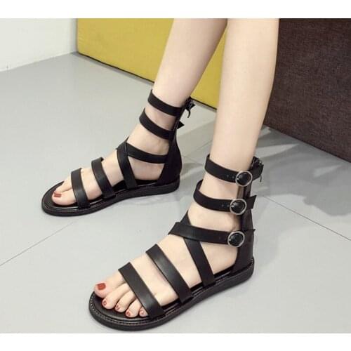 Fashion Buckle Flat Sandals Summer Women Roman Flats Gladiator Shoes Female Black Leather Ankle Buckle Shoes Women Flat Sandals