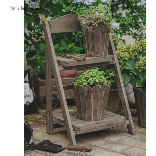 Folding 2 tier ladder vintage brown handmade wooden flower stands