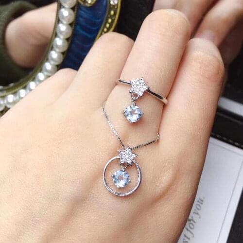 Wedding Best Gift Aquamarine Jewelry set Natural And Real Aquamarine Set 925 sterling silver Fine jewelry 1pc ring,1pc Pendant