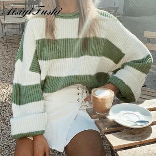 AISIYIFUSHI Colored Stripes Sweater Women Striped Knitted Loose O Neck Sweater Autumn New Women Stripe Sweater Top Fashion Long