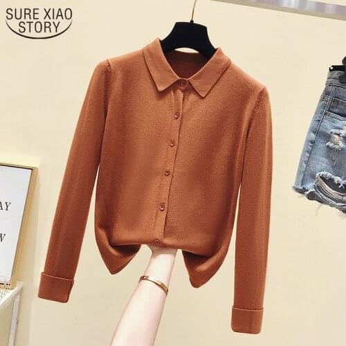 Loose Lazy Lapel Bottoming Shirt Spring Autumn Polo Collar Knitted Cardigan Long Sleeve Single Breasted Women Sweater Coat 11181