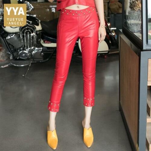 2020 Spring Women Patchwork Elastic Leggings Pencil Trousers Female High Street Rivets Sheepskin Real Leather Calf Length Pants