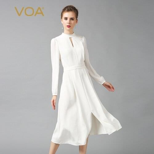 VOA White Silk Party Dress Women Chinese Style Slim Tunic Vintage Long Sleeve Sexy Hollow Out Spring Dresses A6325
