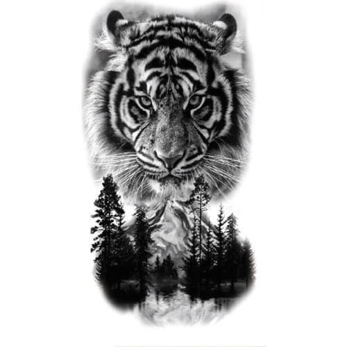 Black Tiger King Waterproof Temporary Tattoo Sticker Mountain Forest River Design Fake Tattoos Flash Tatoos Arm Body Art for Men