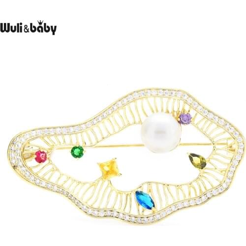 Wuli&baby Pearkling Pearl Brooch Pins Copper Multi color Zircon Ocean Shell Brooches For Women Luxury Jewelry Gift Coat Pins