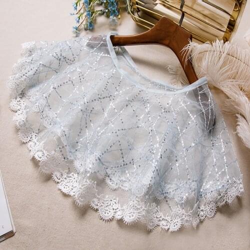 Womens Spring Summer Sequins Beaded Blue Mesh Pashmina Female Summer Sunscreen Lace Shawl Cloak R128