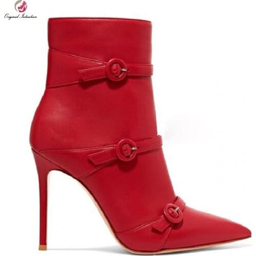 Women Ankle Boots PU Leather High Heels Short Women Boots Red Buckle Pointed Toe Side Zipper Sexy Ladies Shoes Large Size 35-47