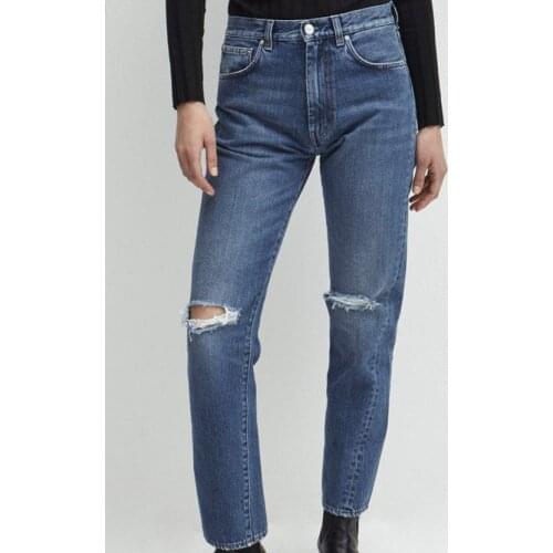 Women Pants Classic Asymmetric Twisted Knee Hole Distressed Old Jeans Two-color Spot