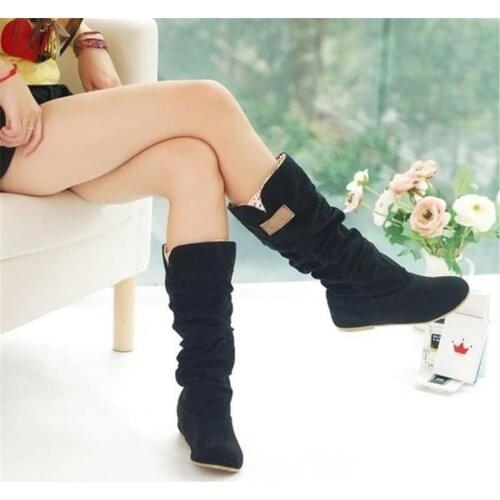 2021 Women Lace Nubuck Flat Heels Winter Snow Boots Shoes Womens Flock Plush Padded Winter Long Riding Motorcycle Boots Shoes