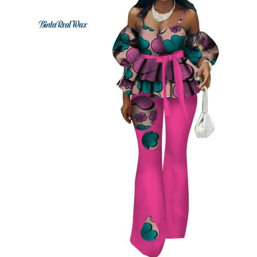 New Ruffles Spaghetti Strap Top and Flare Pants Sets with Waist Belt 2 Pieces Pants Sets for Women African Style Clothing WY3340