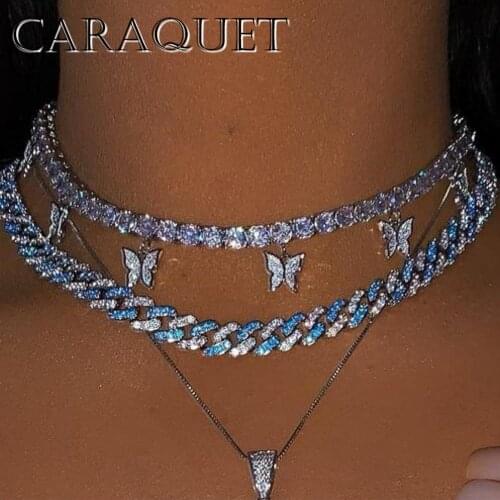 Caraquet Punk Shine Blue Pink Crystal Miami Cuba Link Necklace For Women Gold Silver Color Fashion Hip Hop Rock Choker Jewelry