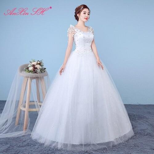 AXJFU princess flower lace white wedding dress party vintage v neck turkey beading crystal sleeveless ball gown wedding dress
