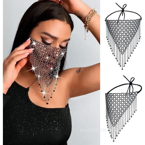 Women Jewelry Fishing Net Mask Metal Cosplay Costume Rhinestone Crystal Masquerade Mask Tassle Shining Face Mask Halloween Gift