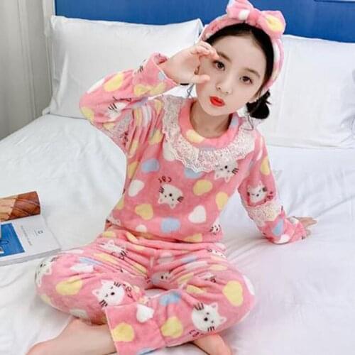 Winter Children Pajamas Suit Thicken Warm Flannel Sleepwear Girls Loungewear Coral Fleece Kids Pyjamas Lace Long Sleeve Pant