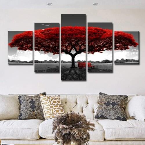 5 Panels Abstract Red Tree Canvas Print Paintings Landscape Posters And Prints Wall Art Pictures Living Room Wall Decor