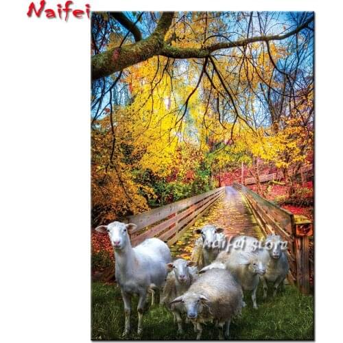 5d Diamond Painting SHEEP CROSSING Scenery Full Square Round Diamond Mosaic Cross Stitch Home Decor Diamond Embroidery Landscape