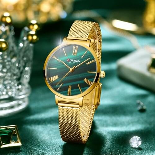 CURREN Watches for Women Luxury Simple Quartz Stainless Steel Clock Classic Elegant Golden Green Ladies Wrist‘s Charm Wristwatch