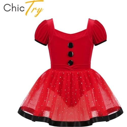 Kids Short Puff Sleeves Sequined Red Mesh Tutu Ballet Figure Skating Dress Gymnastics Leotards for Girls Christmas Dance Costume
