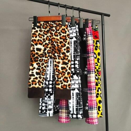 Children Plus Velvet Leggings Girls Retro Flower Printing Cartoon Leopard Pants Sweet Baby Girls Warm Elastic Slim Trousers