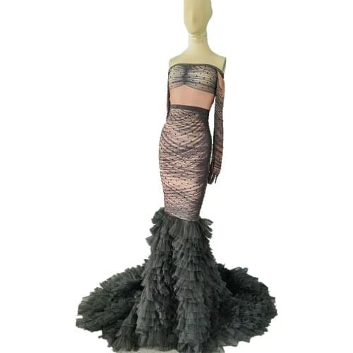 Designer Black Rhinestone Mermaid Long Dress Women Sexy Strapless Evening Party Dress Birthday Prom Trailing Dress Stage Clothes