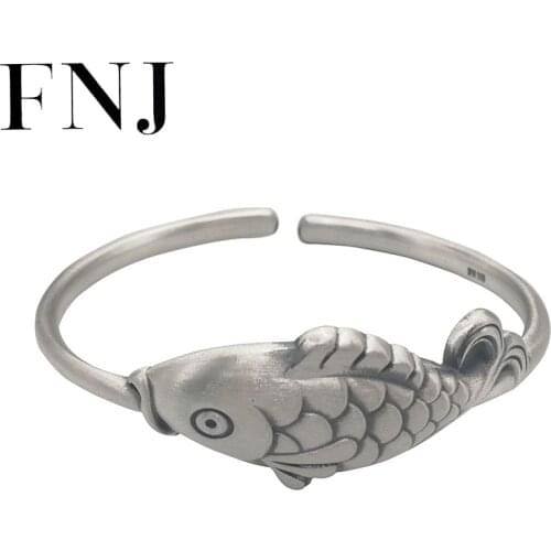 FNJ 990 Silver Bangles for Women Jewelry 100% Original S990 Sterling silver Bangle Animal Fish Lucky