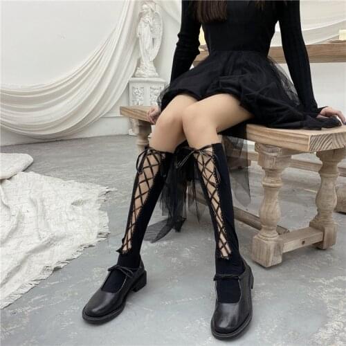 Black Mid-tube Cute Lolita Socks Gothic Vintage Cotton Knee Socks Bandage Punk Streetwear Girls Uniform Fashion JK Long Socks