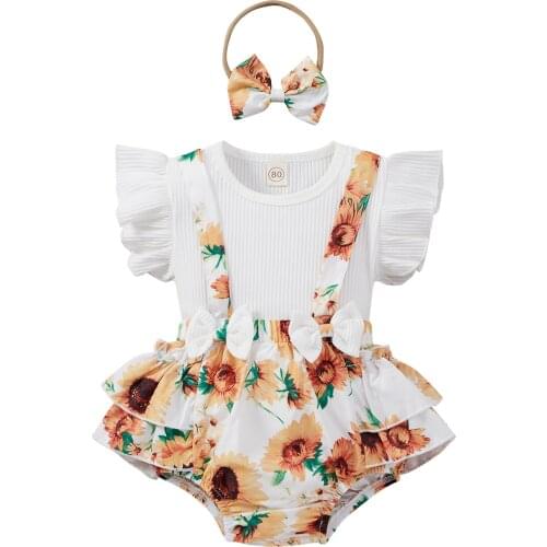 0-24M Toddler Short Sleeve Romper + Suspender Shorts + Bow Headband Sunflower Print Summer Clothing