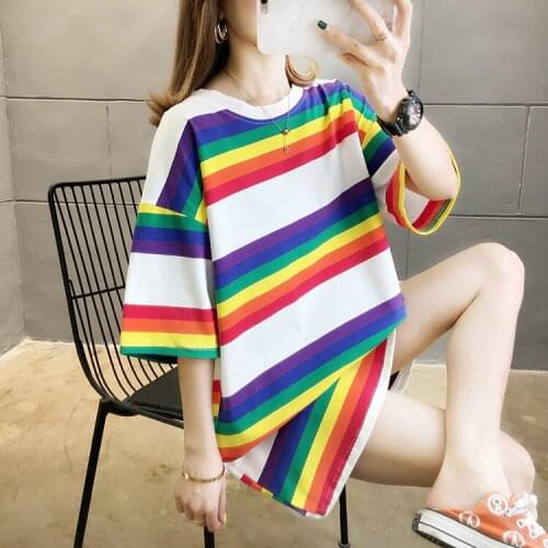 2021 Korean Loose Women Rainbow Stripe Shirts Yellow Oversized Womens Clothing Vintage Stranger Things T Shirt Art Style Tops