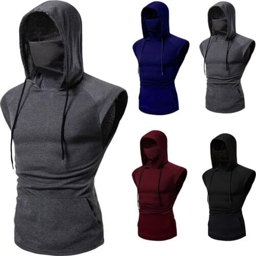 Mens Mask Button Sports Vest Hooded Splice Large Open-Forked Male Vest Mens Mask Sports Tank Top Man Gym Vest Mask