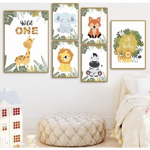Lion Elephant Fox Giraffe Leaf Jungle Animals Wall Art Canvas Painting Nordic Posters And Prints Wall Pictures Kids Room Decor