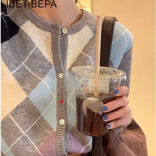 New 2021 Womens Autumn Winter Sweaters Buttons Short Cardigans Checkered Knitted Vintage Korean Elegant Lady Tops SWC1364JX