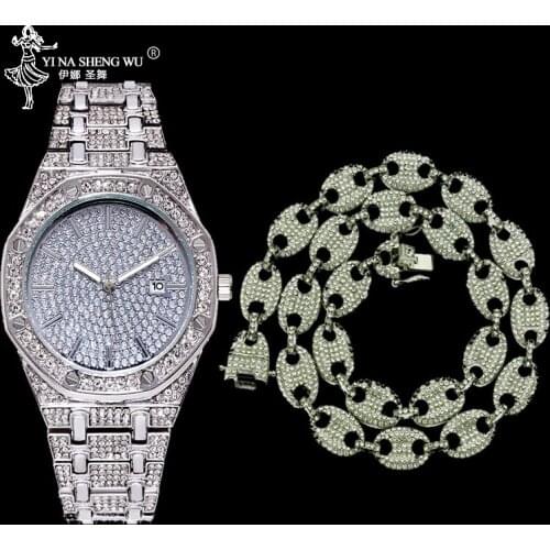 Iced Out CZ Gold Color Coffee Bean Pig Nose Necklace & Watch Set Alloy Rhinestone Necklace Charm Link Chain Men Hip Hop Jewelry