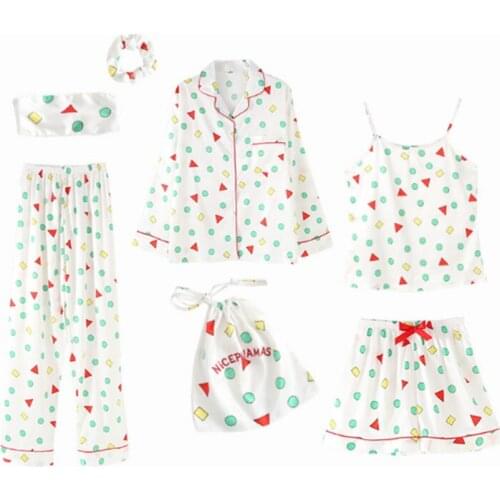New Fashion 7 Pieces Pajamas Sets Faux Silk Stain Cute Pattern Pyjama Sexy Sling Shorts Long Sleeve Pants Sleepwear