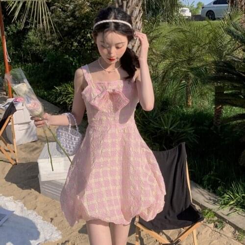 Mini Plaid Sling Dress Women Summer French Loose Sleeveless Kawaii Princess Dresses Vintage Square Collar Cute Bow Puffy Dress
