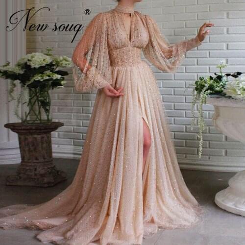 Beaded Luxury Dubai Evening Dresses 2020 Long Sleeves Aibye Arabic Formal Dress Party Gowns New Muslim Prom Dress Robe De Soiree