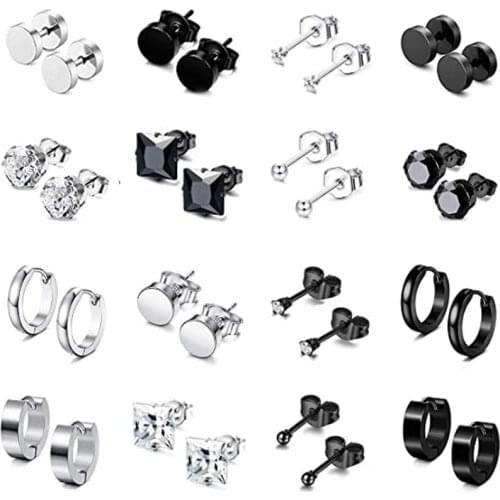 16 Pairs of Earrings Mens Womens Stainless Steel Black Silver Stud Earrings Womens Huggie Hoop Surgical Jewelry Earring Set