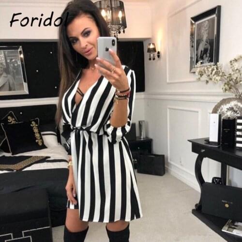Spring Autumn Striped Half Sleeve Dress Women Loose V Neck Dress Female Black White Striped Lacing Dresses Mujer Party Vestidos