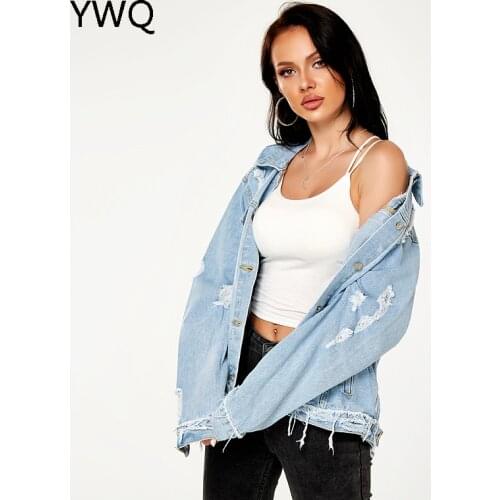 Ripped Women Jacket Denim Loose Coat Vintage Hole Single Breasted With Pocket Fashion Solid Jacket Causal Office Female Coat
