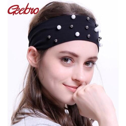 Geebro Womens Pearls Headband Ladies Plain Flat Elastic Stretch Hair Headbands for Girls Black Head Band Hair Accessories DQ568