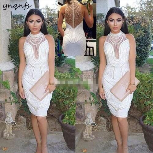 Mermaid High Collar Pearls Vestido Curto Sexy Short Prom Gown Women Formal Dress Mother of the Bride Dresses ED200