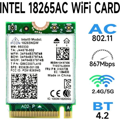 802.11ac Wireless Wlan Mini Wi-Fi Card for Intel Tri-Band Wireless AC 18265 867Mbps WiFi + Bluetooth 4.2 Network Adapter 18265